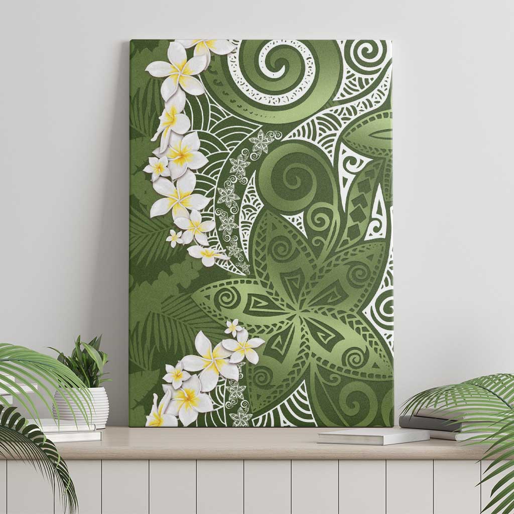 Green Polynesian Tribal Frangipani Tropical Vibe Canvas Wall Art