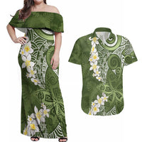Green Polynesian Tribal Frangipani Tropical Vibe Couples Matching Off Shoulder Maxi Dress and Hawaiian Shirt
