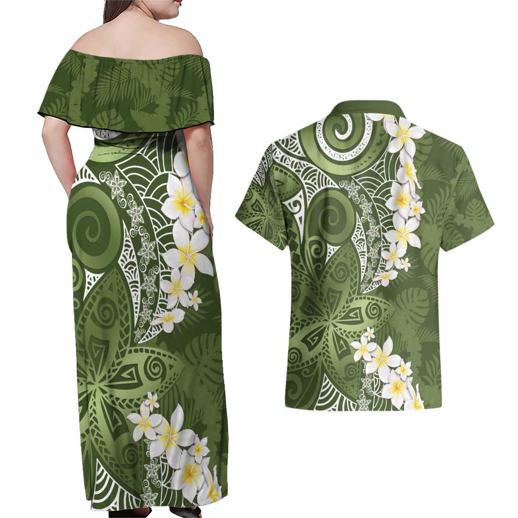 Green Polynesian Tribal Frangipani Tropical Vibe Couples Matching Off Shoulder Maxi Dress and Hawaiian Shirt
