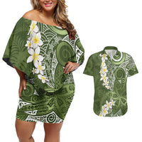 Green Polynesian Tribal Frangipani Tropical Vibe Couples Matching Off Shoulder Short Dress and Hawaiian Shirt