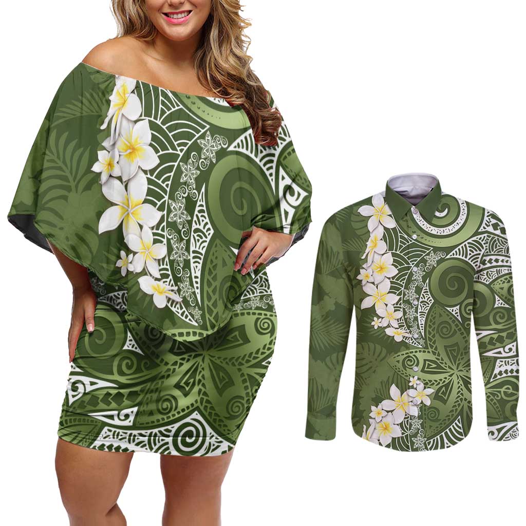 Green Polynesian Tribal Frangipani Tropical Vibe Couples Matching Off Shoulder Short Dress and Long Sleeve Button Shirt