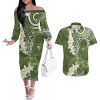 Green Polynesian Tribal Frangipani Tropical Vibe Couples Matching Off The Shoulder Long Sleeve Dress and Hawaiian Shirt