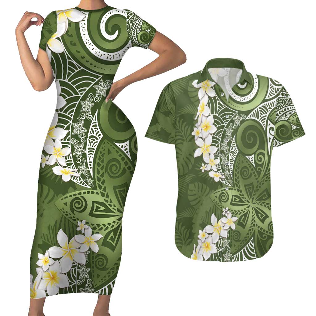Green Polynesian Tribal Frangipani Tropical Vibe Couples Matching Short Sleeve Bodycon Dress and Hawaiian Shirt