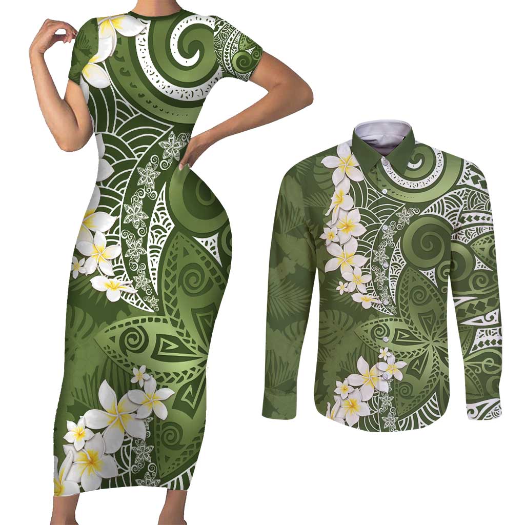Green Polynesian Tribal Frangipani Tropical Vibe Couples Matching Short Sleeve Bodycon Dress and Long Sleeve Button Shirt