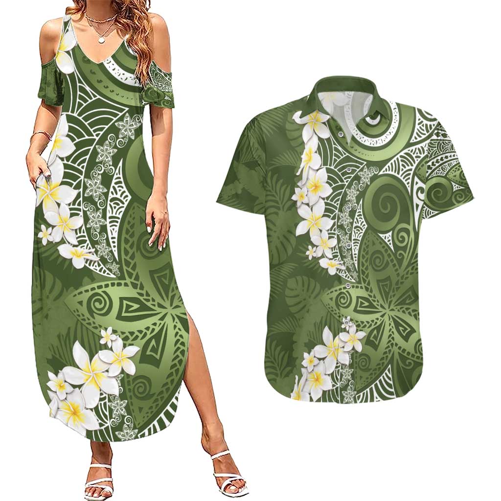 Green Polynesian Tribal Frangipani Tropical Vibe Couples Matching Summer Maxi Dress and Hawaiian Shirt