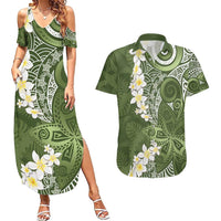 Green Polynesian Tribal Frangipani Tropical Vibe Couples Matching Summer Maxi Dress and Hawaiian Shirt