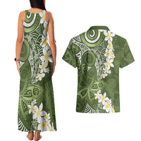 Green Polynesian Tribal Frangipani Tropical Vibe Couples Matching Tank Maxi Dress and Hawaiian Shirt