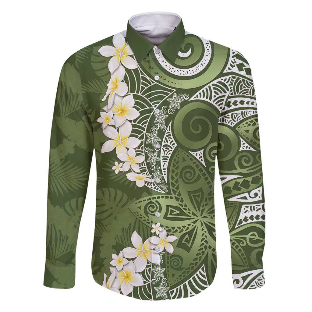 Green Polynesian Tribal Frangipani Tropical Vibe Family Matching Long Sleeve Bodycon Dress and Hawaiian Shirt