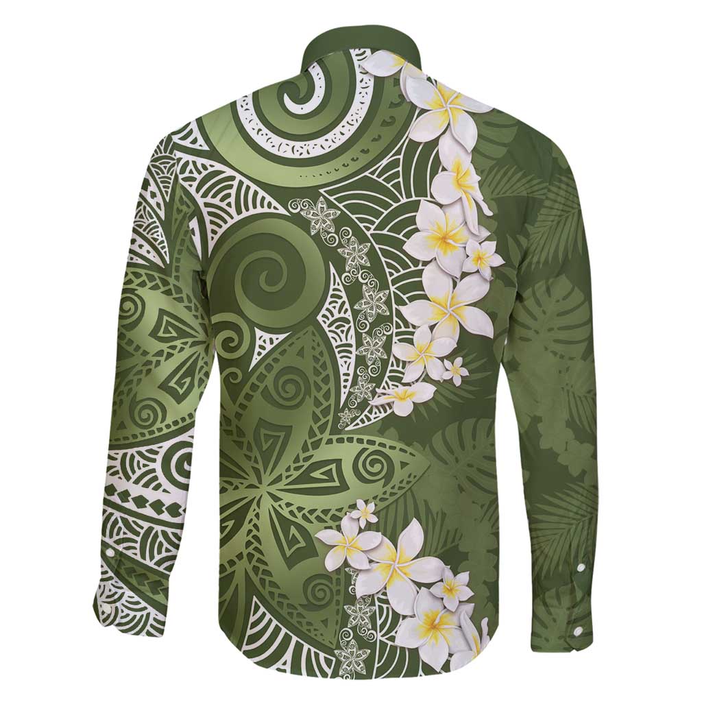 Green Polynesian Tribal Frangipani Tropical Vibe Family Matching Long Sleeve Bodycon Dress and Hawaiian Shirt