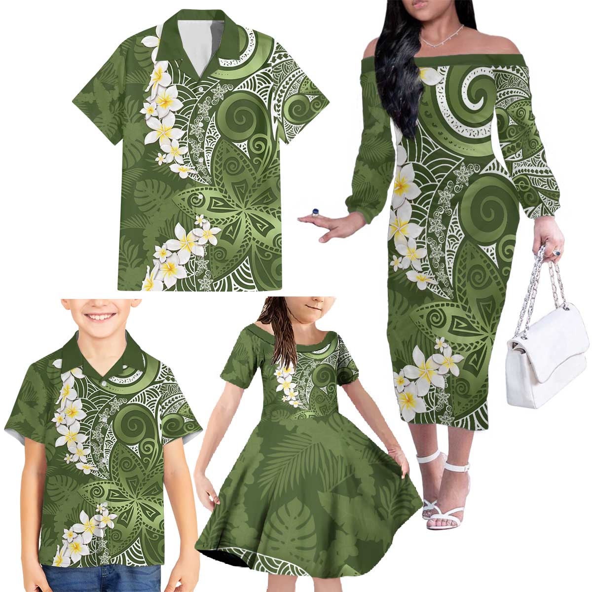 Green Polynesian Tribal Frangipani Tropical Vibe Family Matching Off The Shoulder Long Sleeve Dress and Hawaiian Shirt