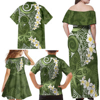 Green Polynesian Tribal Frangipani Tropical Vibe Family Matching Off Shoulder Maxi Dress and Hawaiian Shirt