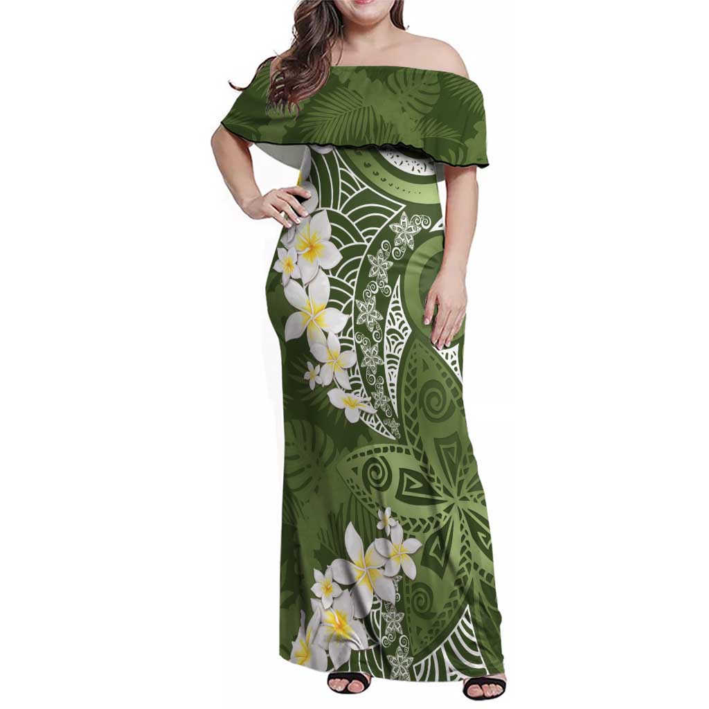 Green Polynesian Tribal Frangipani Tropical Vibe Family Matching Off Shoulder Maxi Dress and Hawaiian Shirt