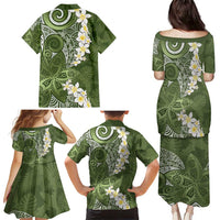 Green Polynesian Tribal Frangipani Tropical Vibe Family Matching Puletasi and Hawaiian Shirt