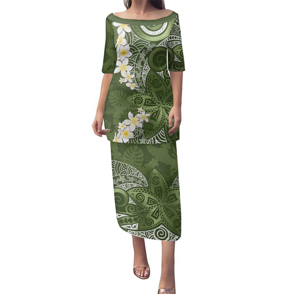 Green Polynesian Tribal Frangipani Tropical Vibe Family Matching Puletasi and Hawaiian Shirt