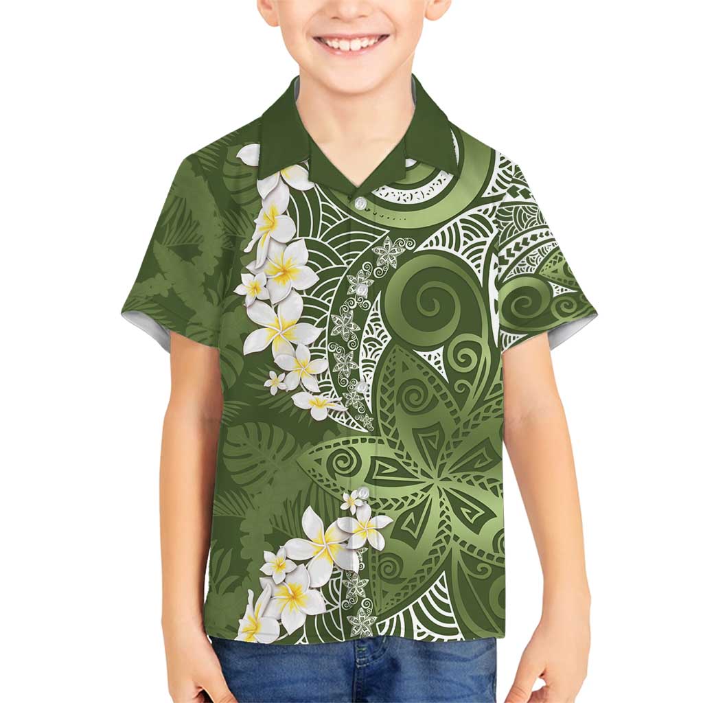 Green Polynesian Tribal Frangipani Tropical Vibe Family Matching Puletasi and Hawaiian Shirt