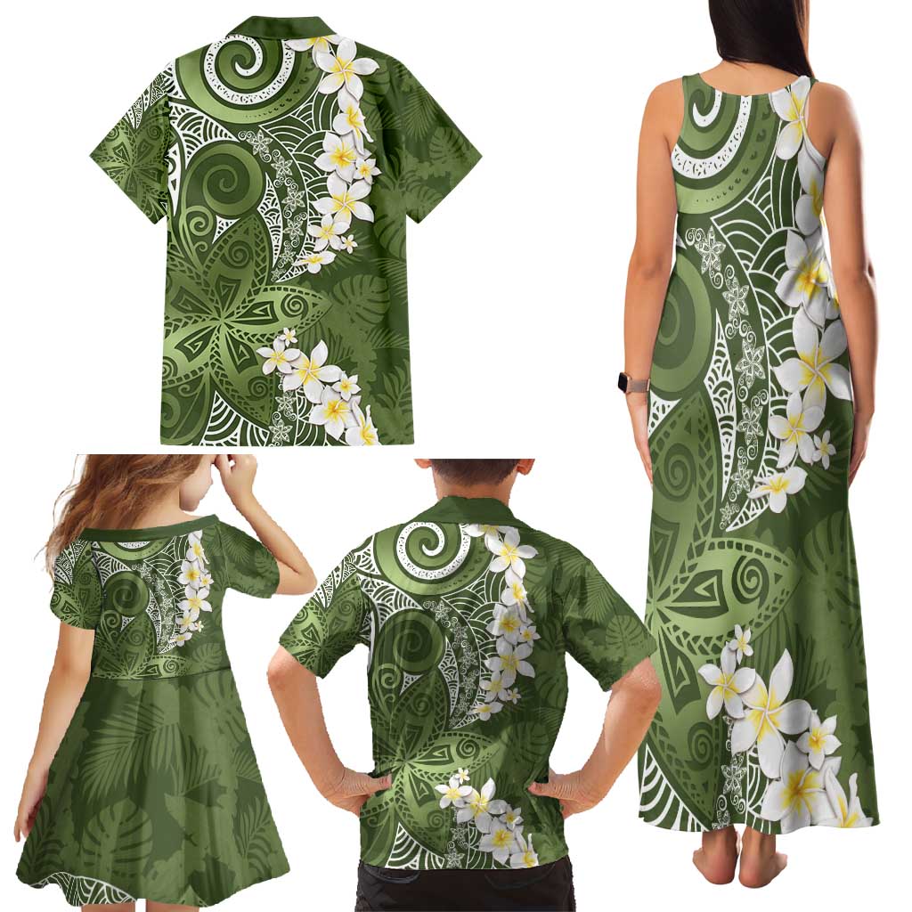 Green Polynesian Tribal Frangipani Tropical Vibe Family Matching Tank Maxi Dress and Hawaiian Shirt