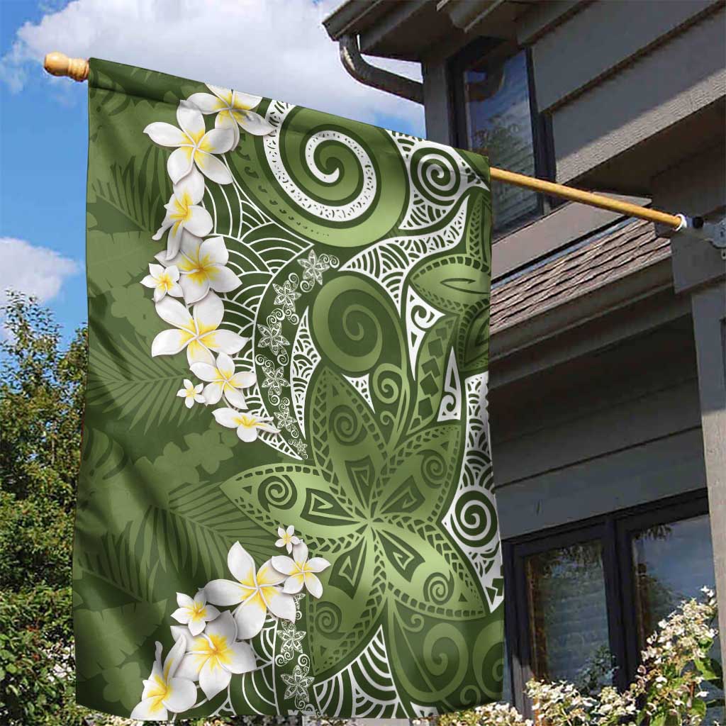 Green Polynesian Tribal Frangipani Tropical Vibe Garden Flag
