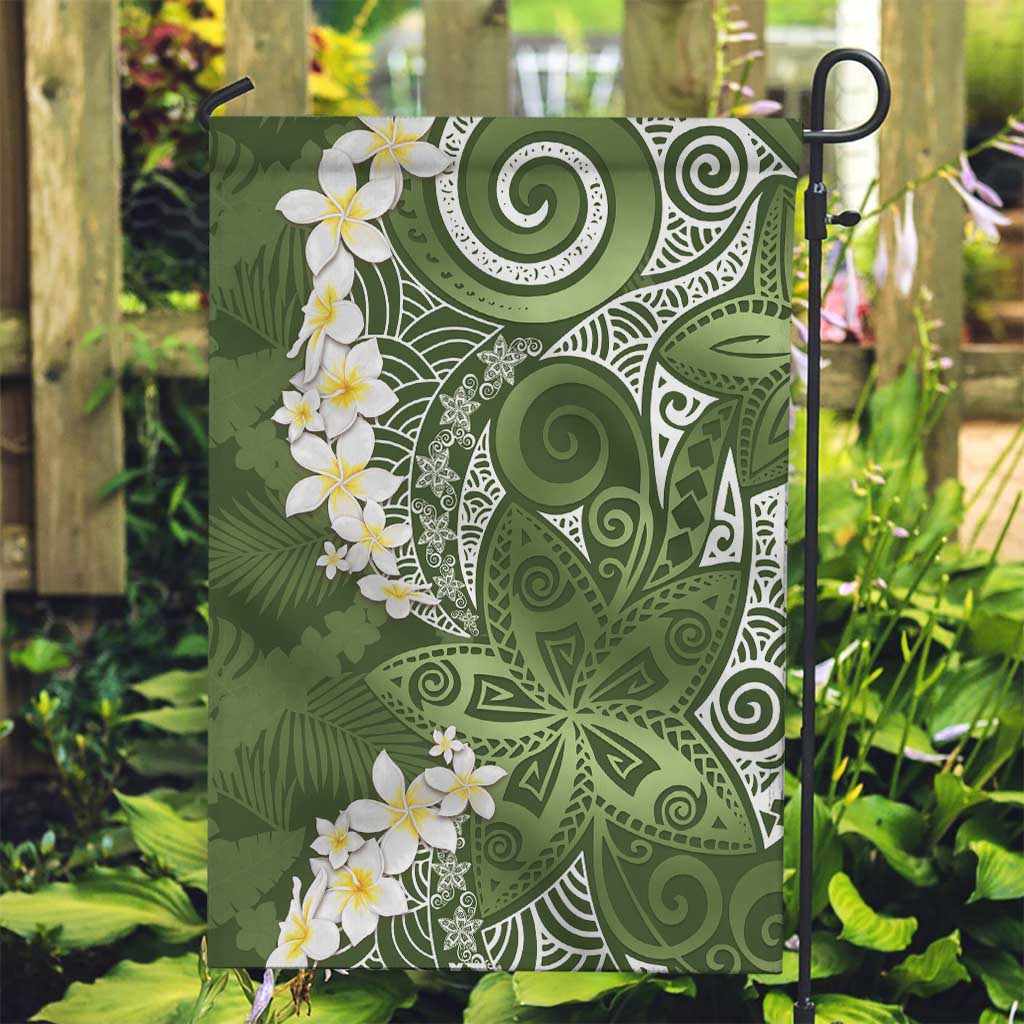 Green Polynesian Tribal Frangipani Tropical Vibe Garden Flag