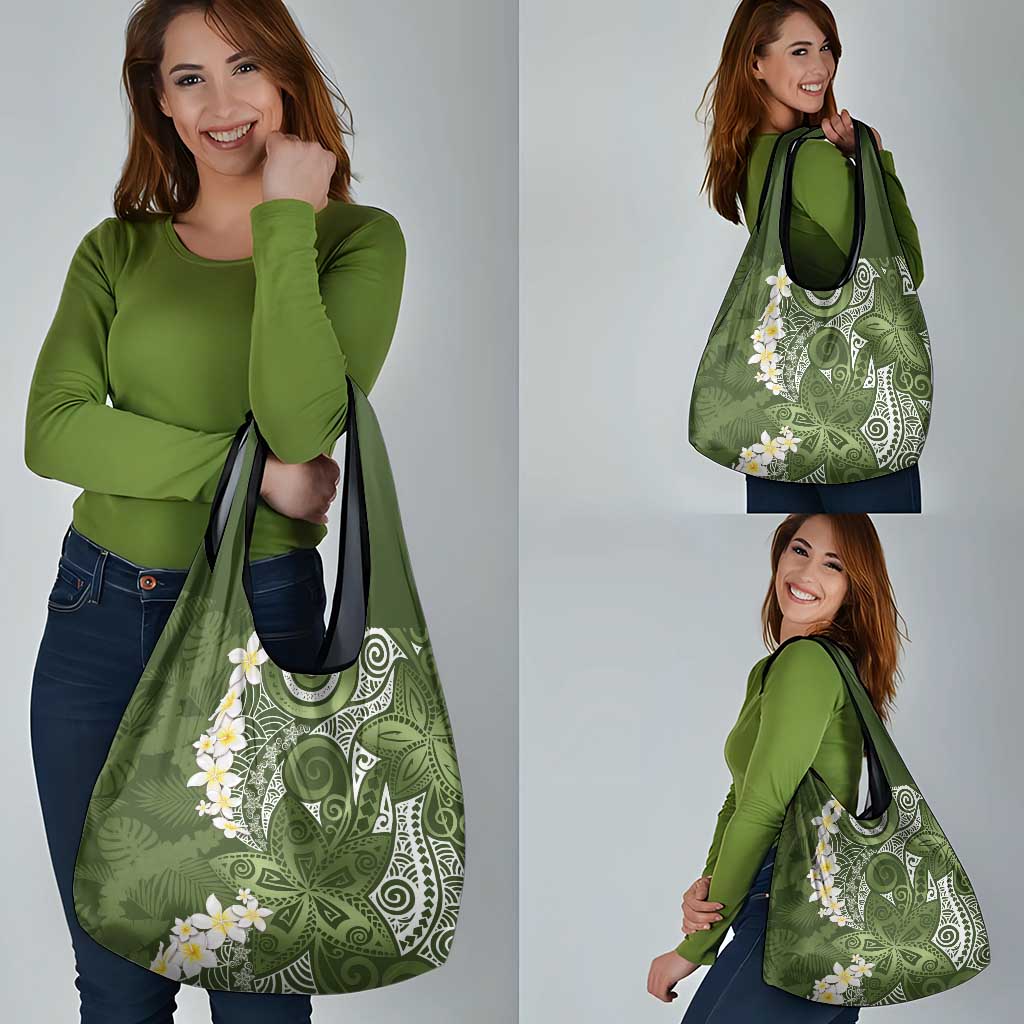 Green Polynesian Tribal Frangipani Tropical Vibe Grocery Bag