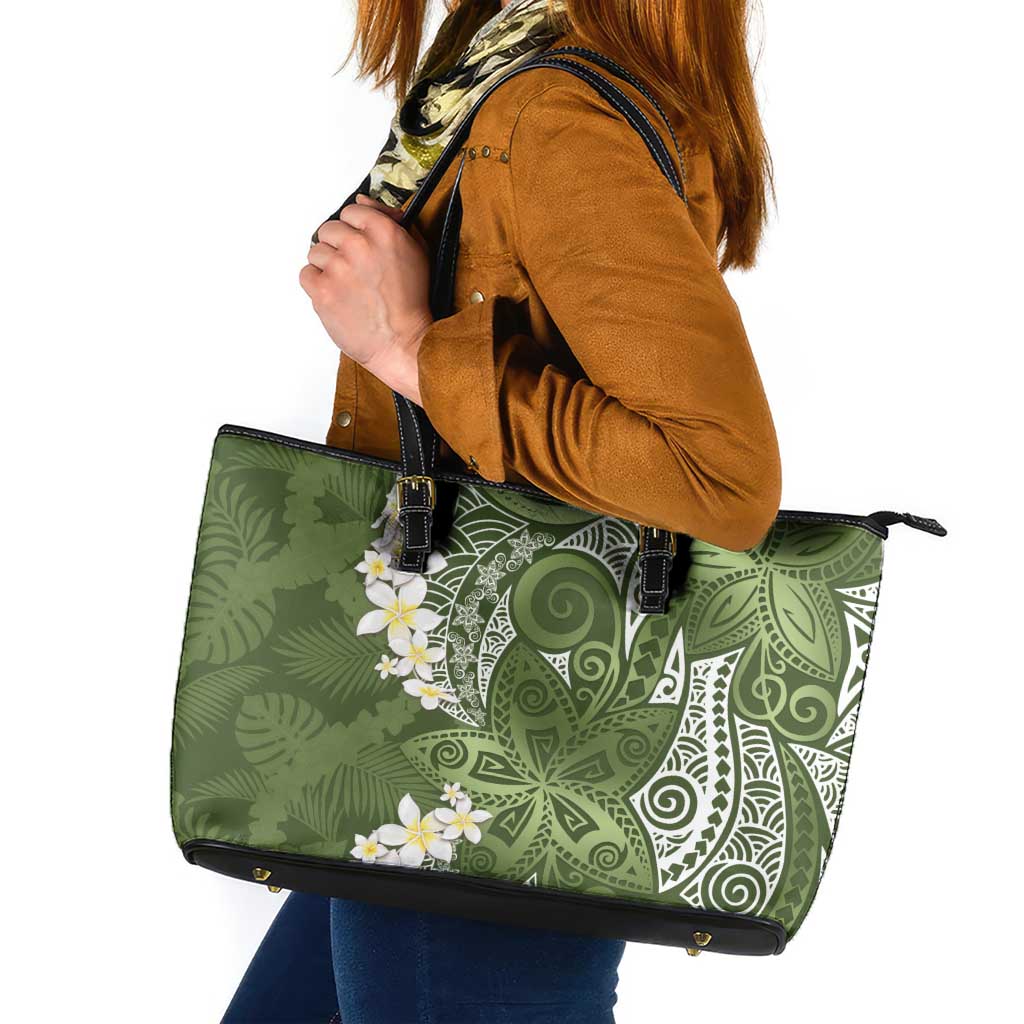 Green Polynesian Tribal Frangipani Tropical Vibe Leather Tote Bag