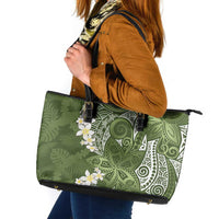 Green Polynesian Tribal Frangipani Tropical Vibe Leather Tote Bag