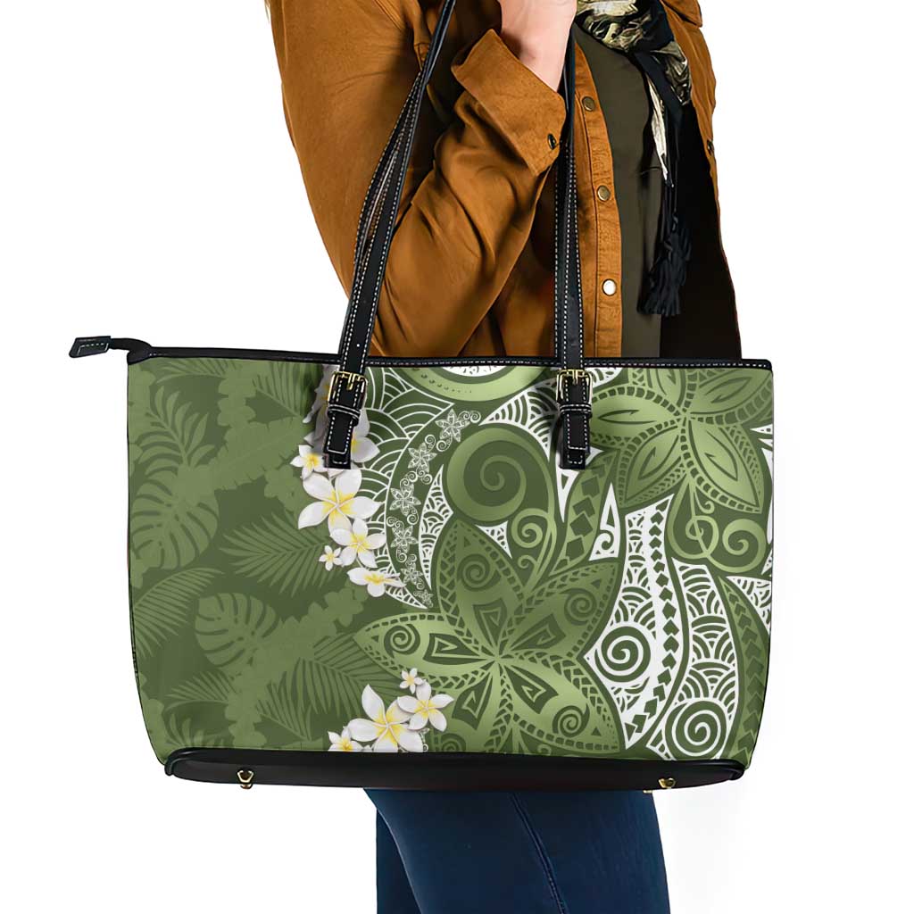 Green Polynesian Tribal Frangipani Tropical Vibe Leather Tote Bag