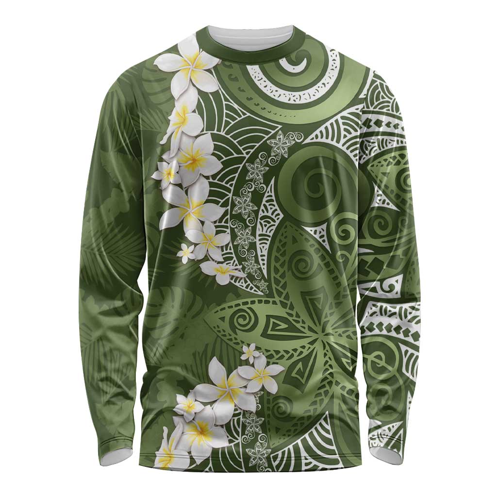 Green Polynesian Tribal Frangipani Tropical Vibe Long Sleeve Shirt