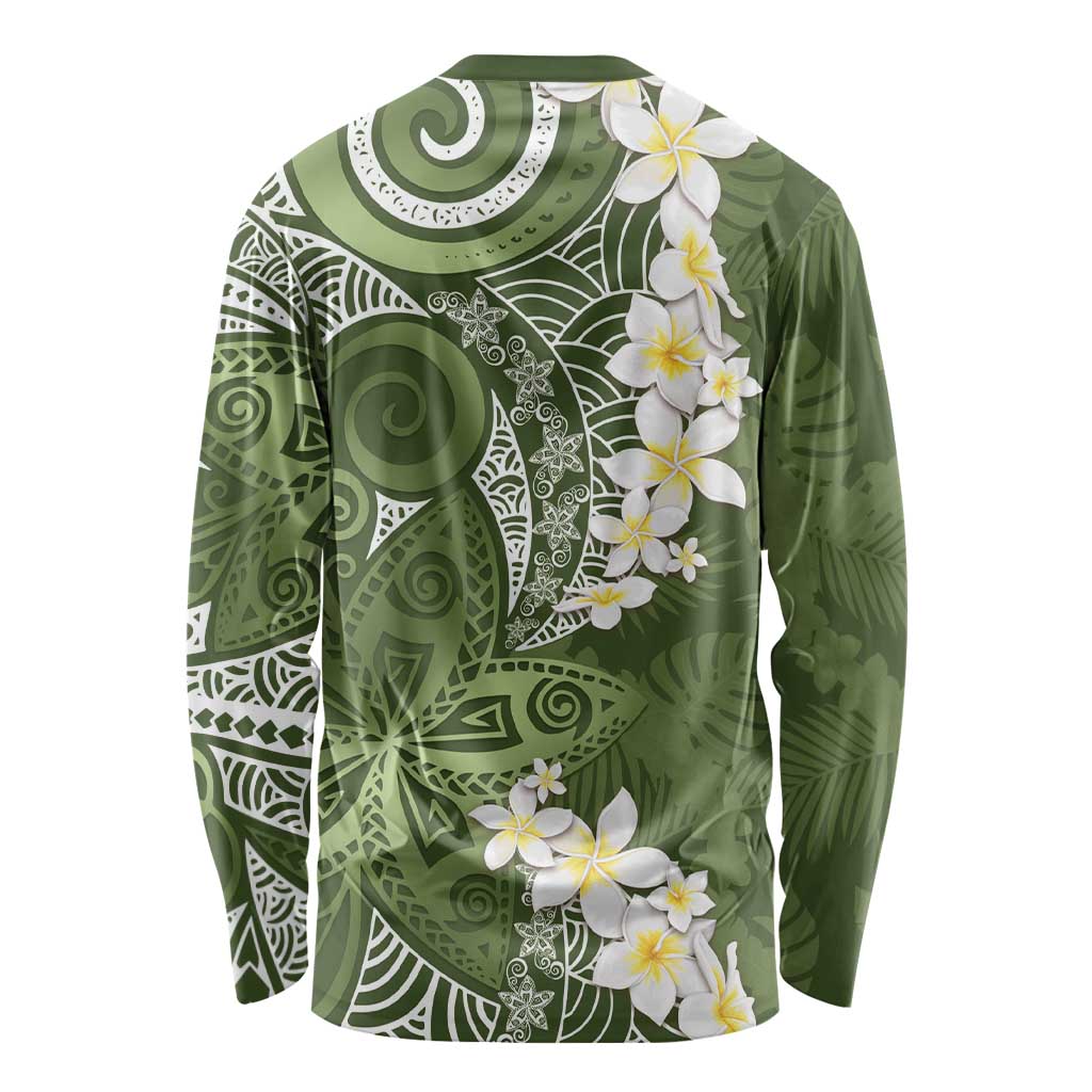 Green Polynesian Tribal Frangipani Tropical Vibe Long Sleeve Shirt