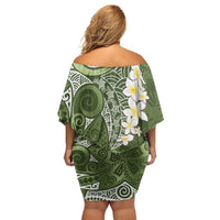 Green Polynesian Tribal Frangipani Tropical Vibe Off Shoulder Short Dress