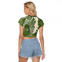 Green Polynesian Tribal Frangipani Tropical Vibe Raglan Cropped T Shirt LT14 - Polynesian Pride
