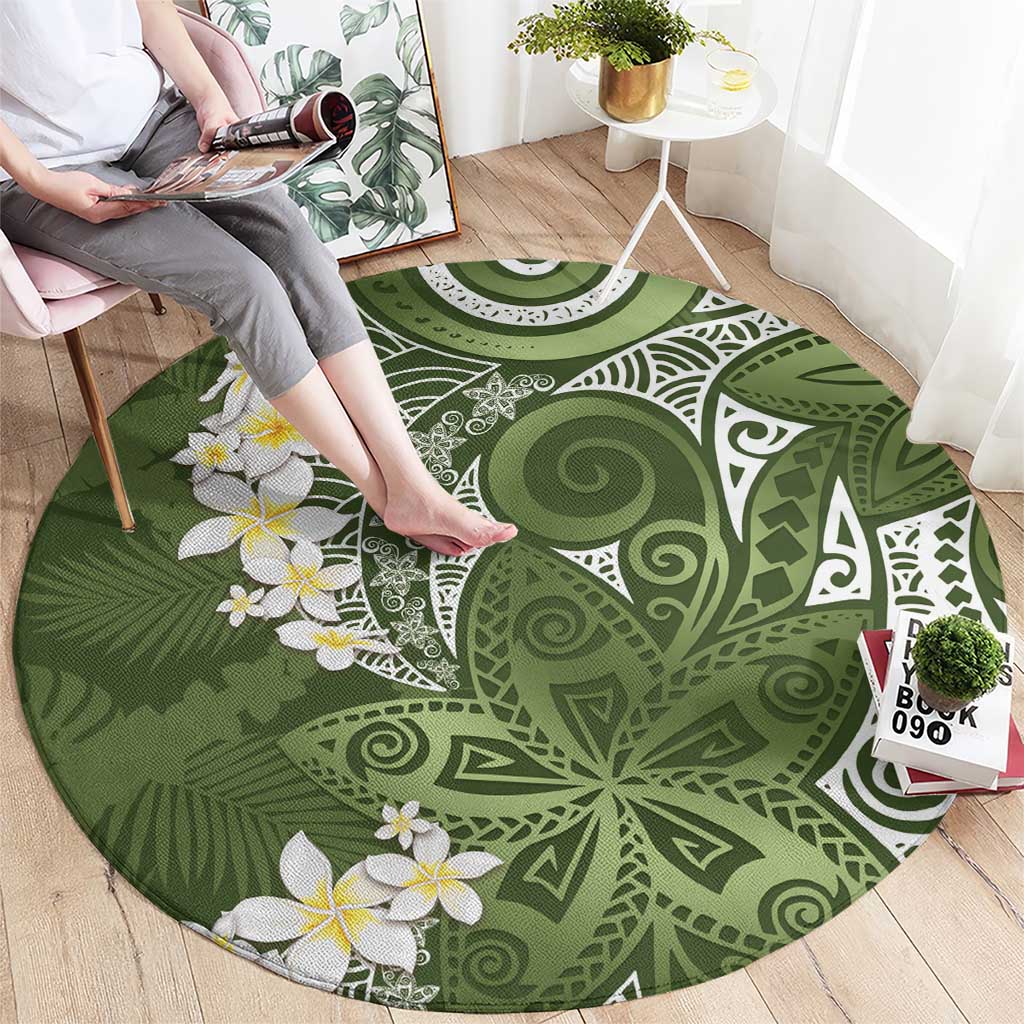 Green Polynesian Tribal Frangipani Tropical Vibe Round Carpet LT14 - Polynesian Pride
