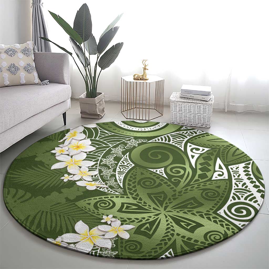 Green Polynesian Tribal Frangipani Tropical Vibe Round Carpet LT14 - Polynesian Pride
