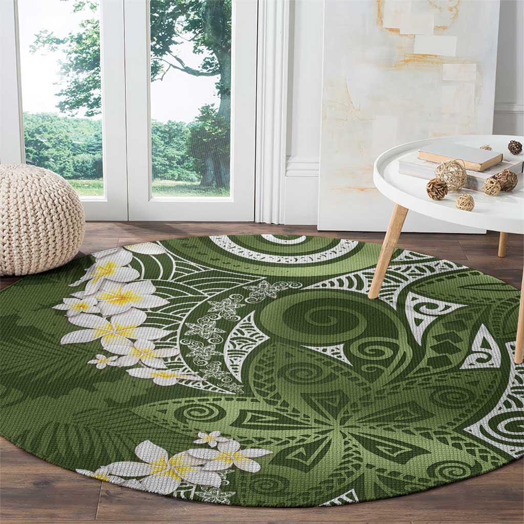 Green Polynesian Tribal Frangipani Tropical Vibe Round Carpet LT14 - Polynesian Pride