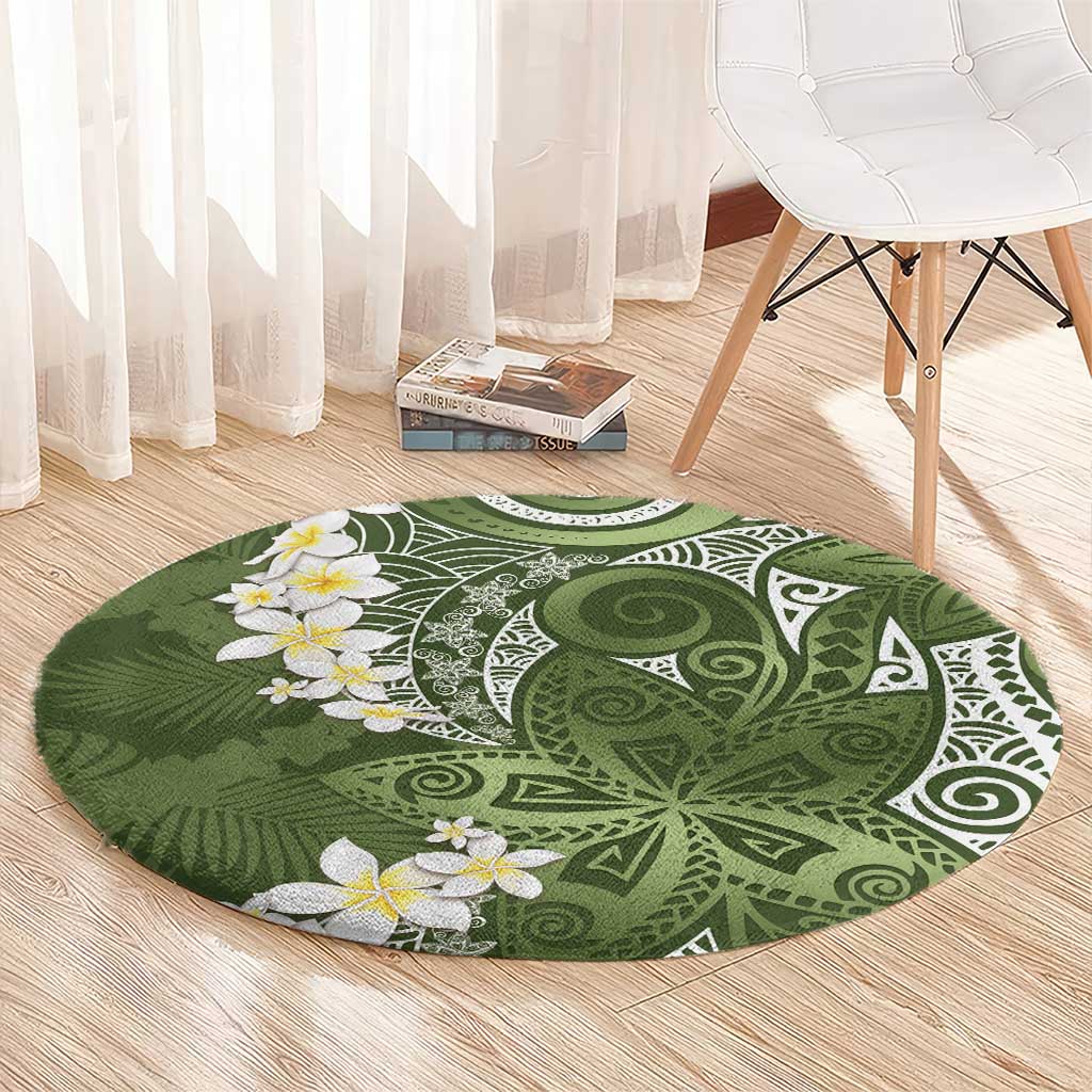 Green Polynesian Tribal Frangipani Tropical Vibe Round Carpet LT14 - Polynesian Pride