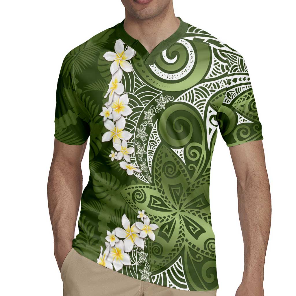 Green Polynesian Tribal Frangipani Tropical Vibe Rugby Jersey
