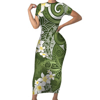 Green Polynesian Tribal Frangipani Tropical Vibe Short Sleeve Bodycon Dress