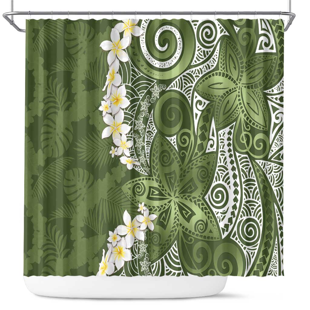 Green Polynesian Tribal Frangipani Tropical Vibe Shower Curtain