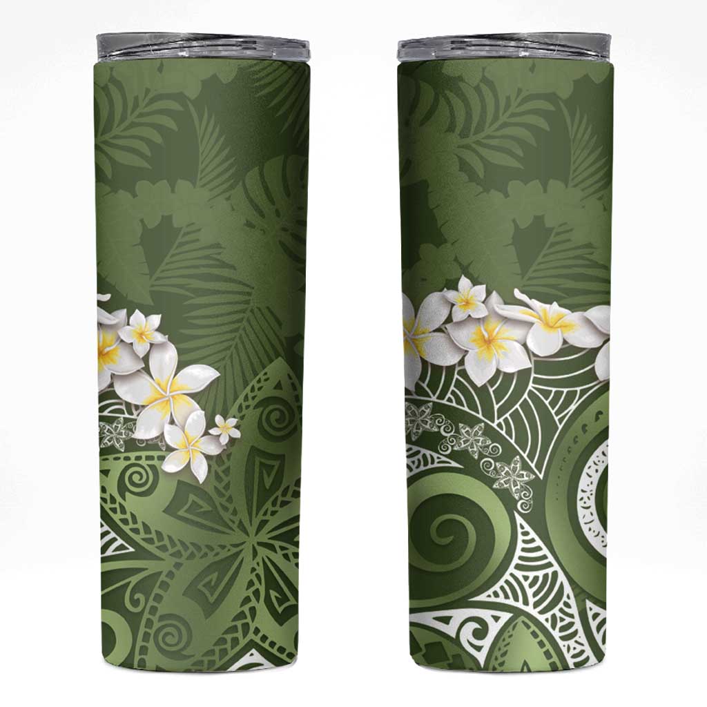 Green Polynesian Tribal Frangipani Tropical Vibe Skinny Tumbler