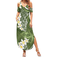 Green Polynesian Tribal Frangipani Tropical Vibe Summer Maxi Dress
