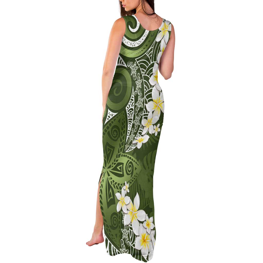 Green Polynesian Tribal Frangipani Tropical Vibe Tank Maxi Dress