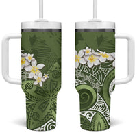 Green Polynesian Tribal Frangipani Tropical Vibe Tumbler With Handle