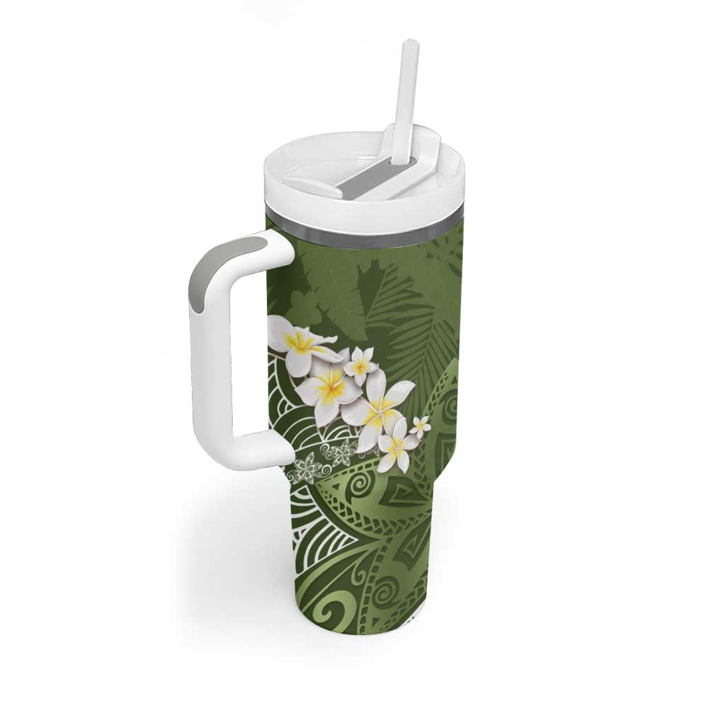 Green Polynesian Tribal Frangipani Tropical Vibe Tumbler With Handle
