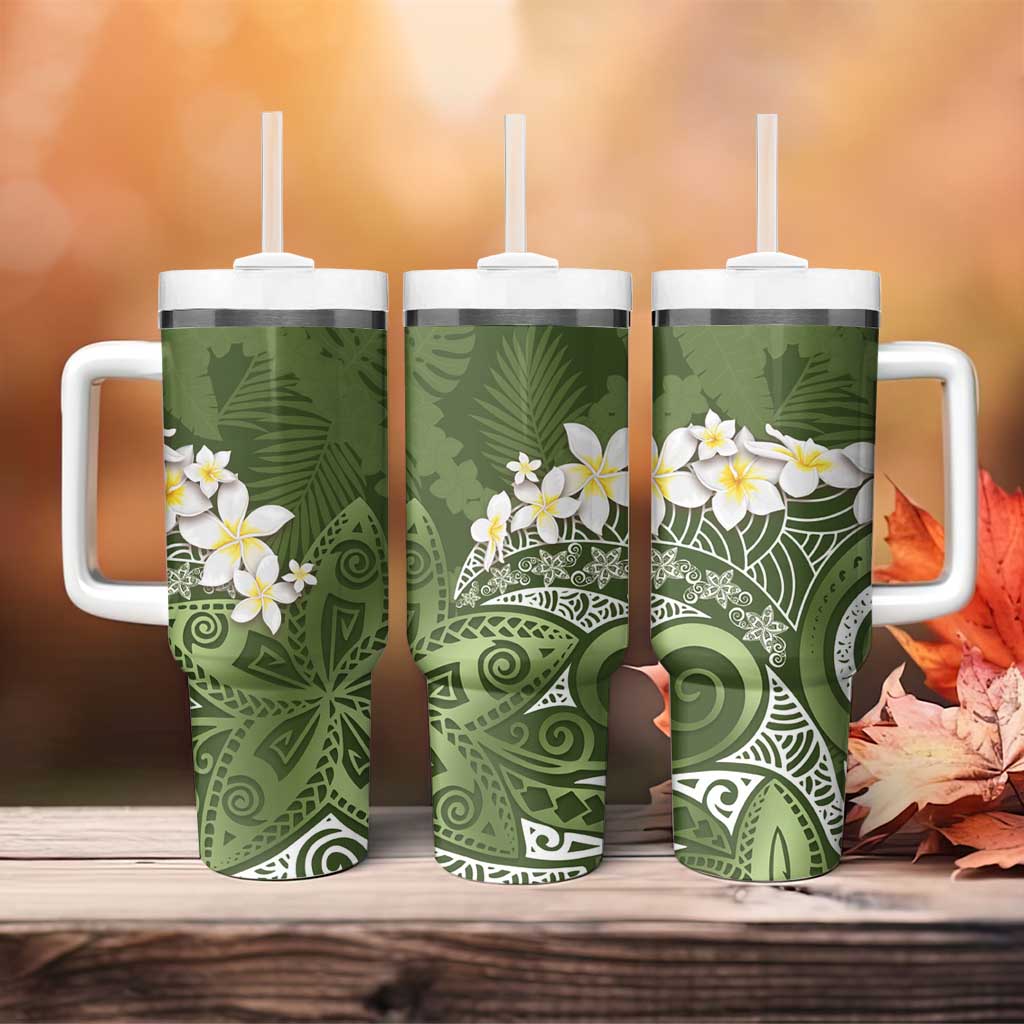 Green Polynesian Tribal Frangipani Tropical Vibe Tumbler With Handle