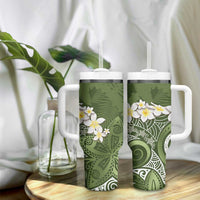 Green Polynesian Tribal Frangipani Tropical Vibe Tumbler With Handle