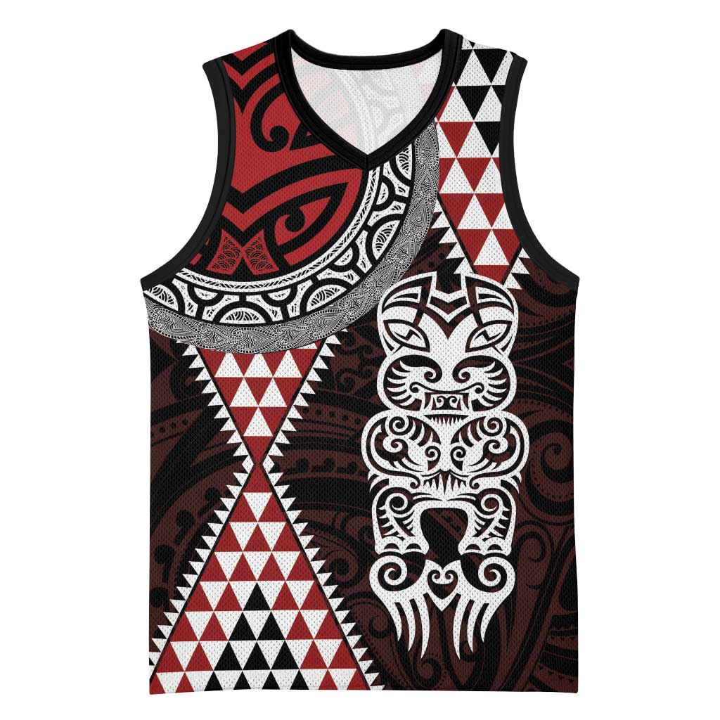 Red Aotearoa Niho Taniwha Basketball Jersey Maori Mythology Tooth - Taniko Motifs - Polynesian Pride