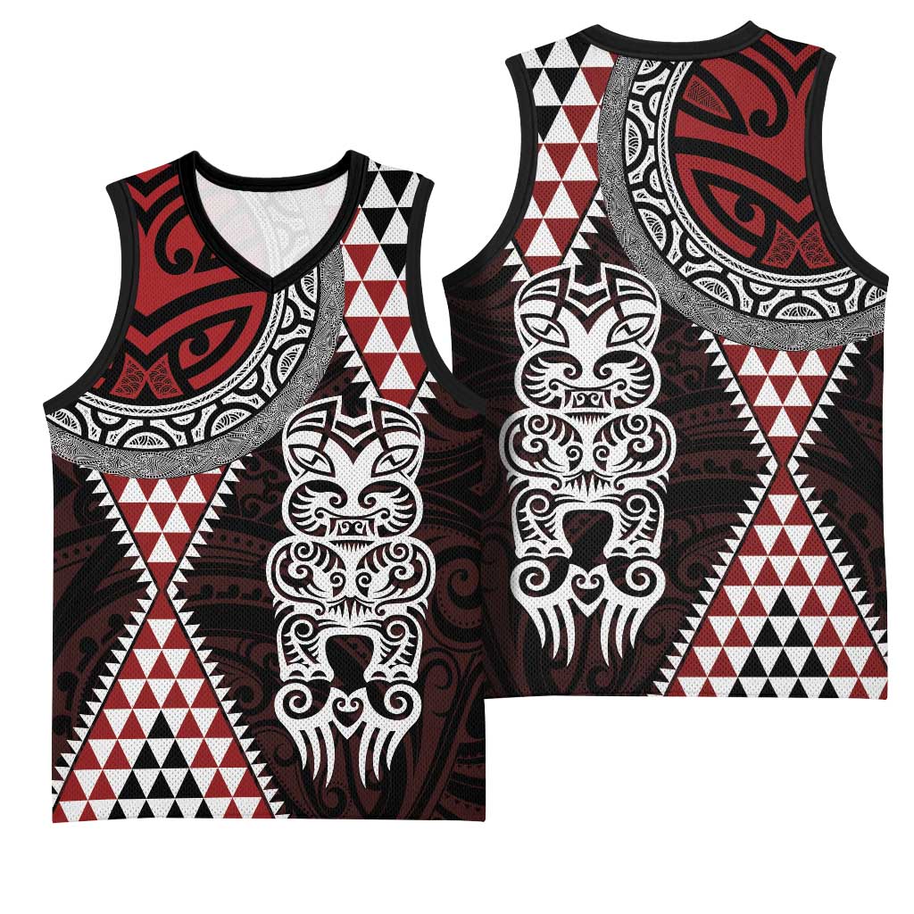 Red Aotearoa Niho Taniwha Basketball Jersey Maori Mythology Tooth - Taniko Motifs - Polynesian Pride