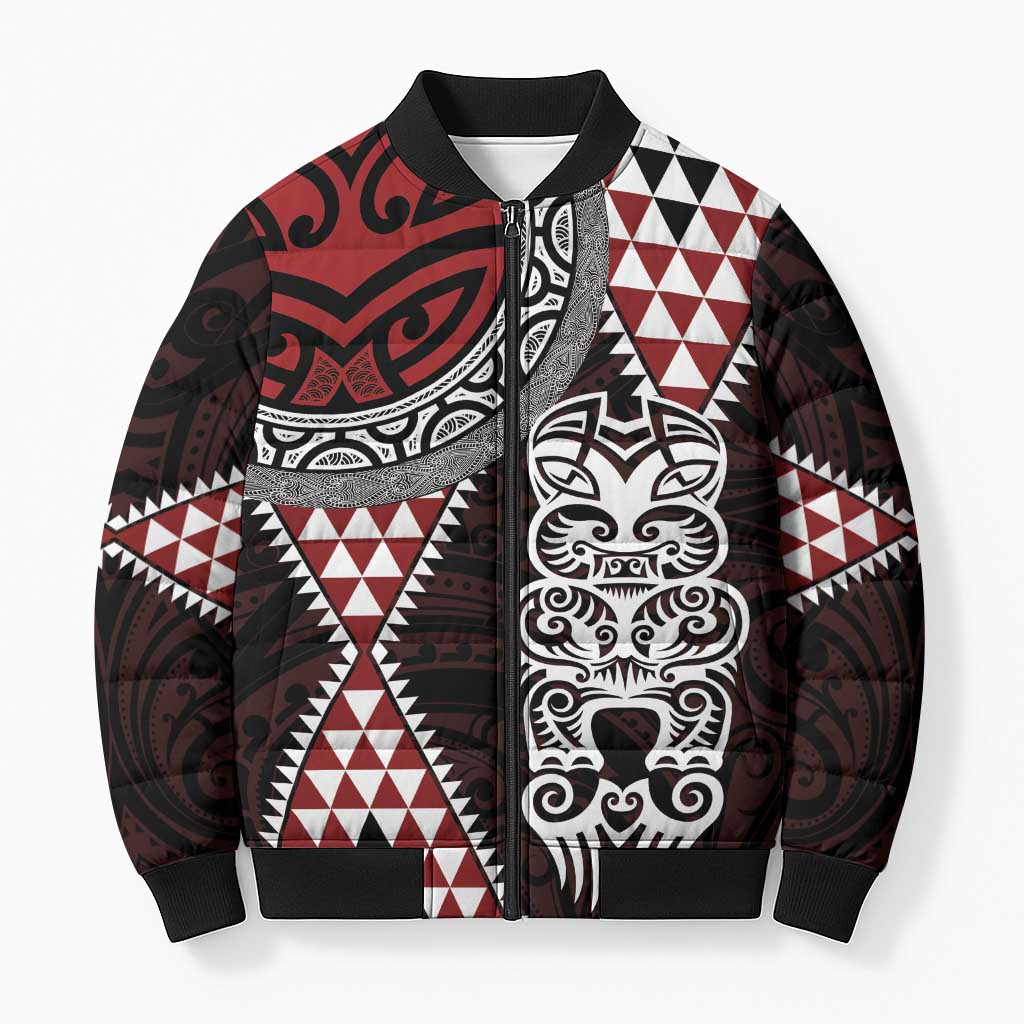 Red Aotearoa Niho Taniwha Bomber Puffer Jacket Maori Mythology Tooth - Taniko Motifs - Polynesian Pride