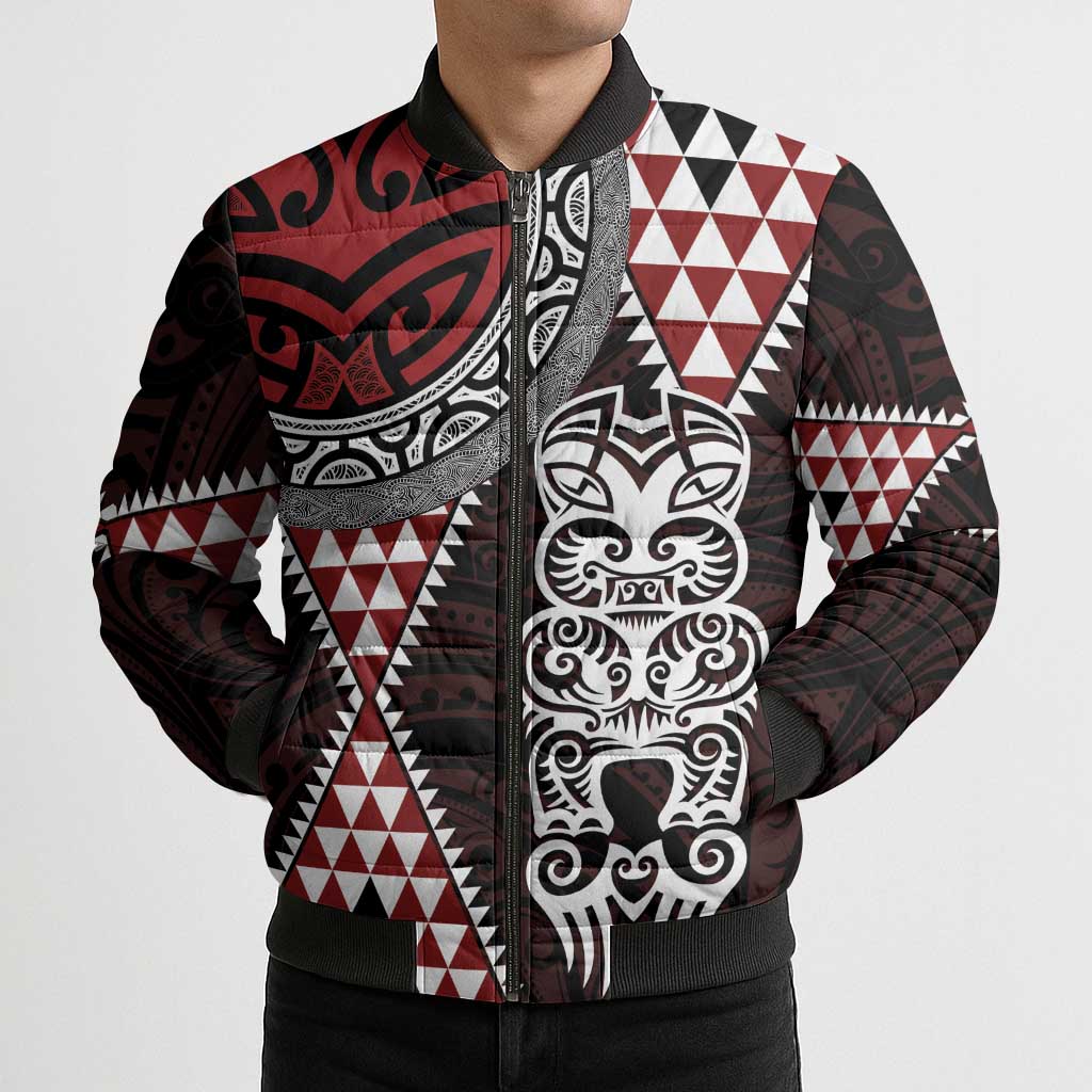 Red Aotearoa Niho Taniwha Bomber Puffer Jacket Maori Mythology Tooth - Taniko Motifs - Polynesian Pride