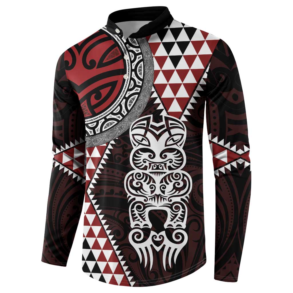Red Aotearoa Niho Taniwha Button Sweatshirt Maori Mythology Tooth - Taniko Motifs LT14 - Polynesian Pride