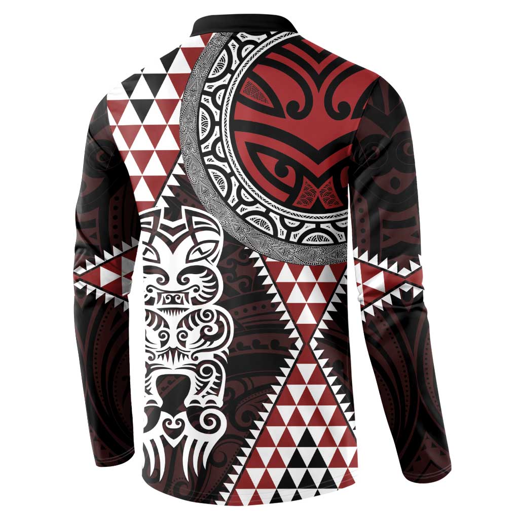 Red Aotearoa Niho Taniwha Button Sweatshirt Maori Mythology Tooth - Taniko Motifs LT14 - Polynesian Pride